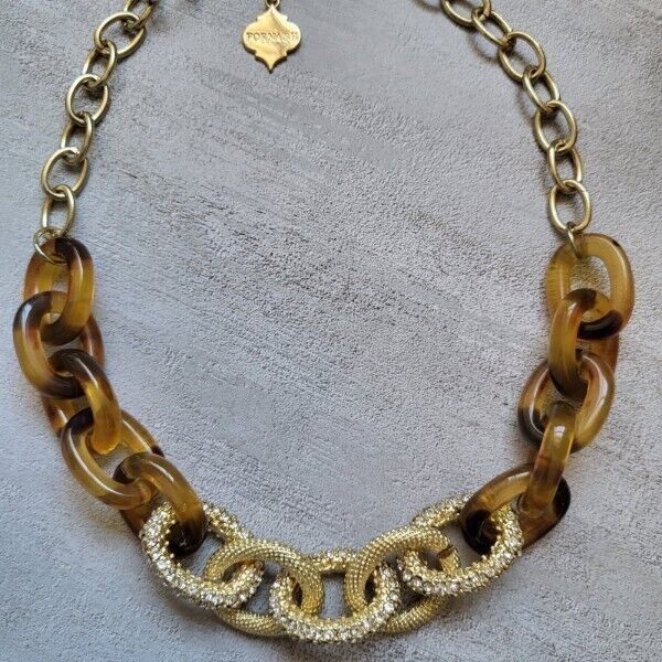 Fornash Chunky Tortoise Resin Goldtone Links With Crystals Statement Necklace 22$